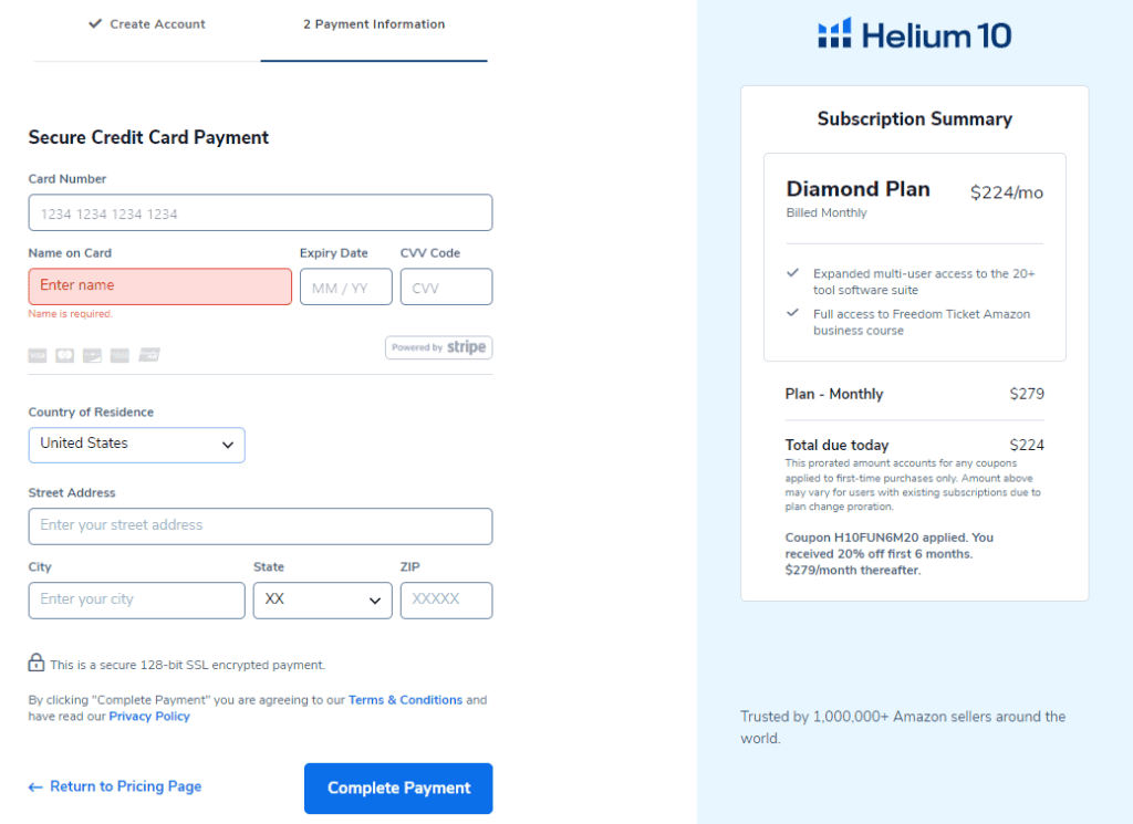 Helium 10 Payment Information