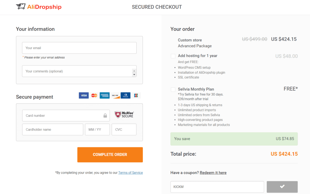 Alidropship Checkout Page