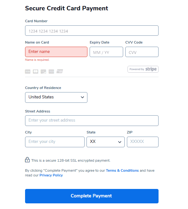 Enter Credit Card Details